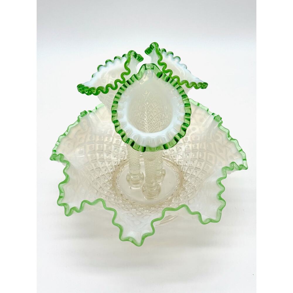 Epergne Fenton White Opalescent Emerald Crest Hobnail Diamond Lace 3 Horn - 11"H